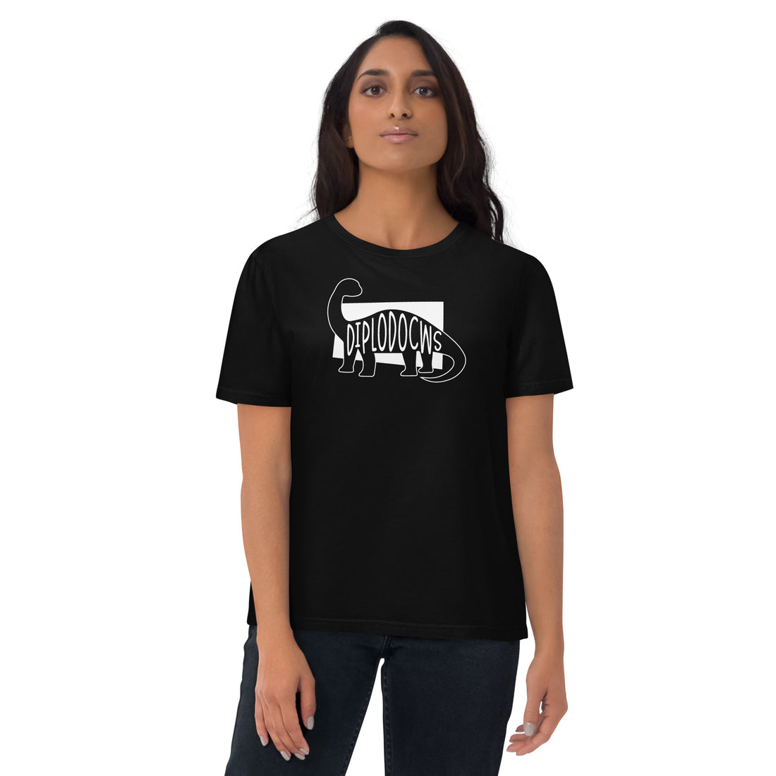 Diplodocus Diplodocws Unisex Organic Cotton T-shirt Black White Welsh Dinosaur